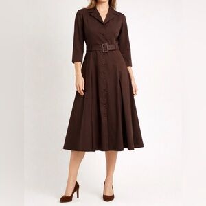 Ellen Tracy Lined Belted Button Front Midi Dress Brown Espresso Size 6 NWT
